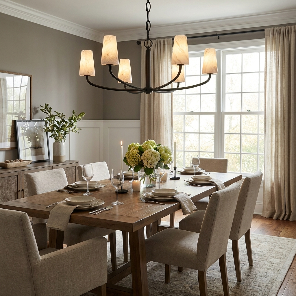 Over a long dining table with fresh hydrangeas, this Clérachic chandelier arches its six arms in matte black.