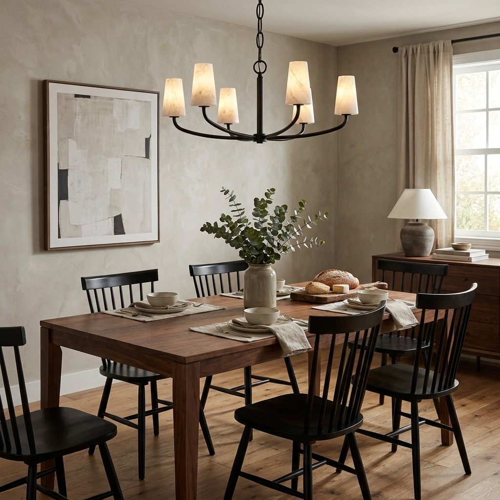 In a dining room with black spindle-back chairs, this Clérachic chandelier lights a long wood table in matte black.