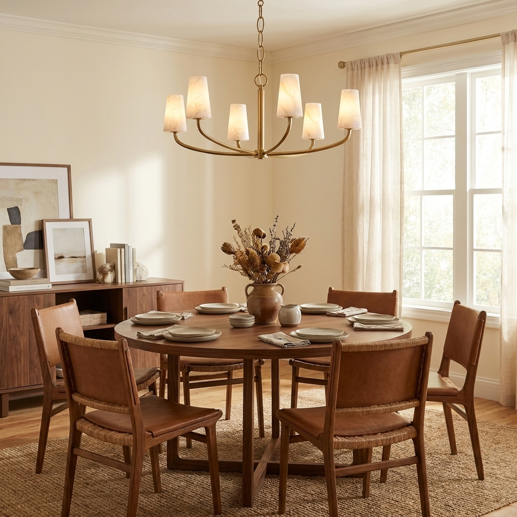 Above a round wood dining table with brown leather chairs, this Clérachic chandelier glows warm in brushed brass.
