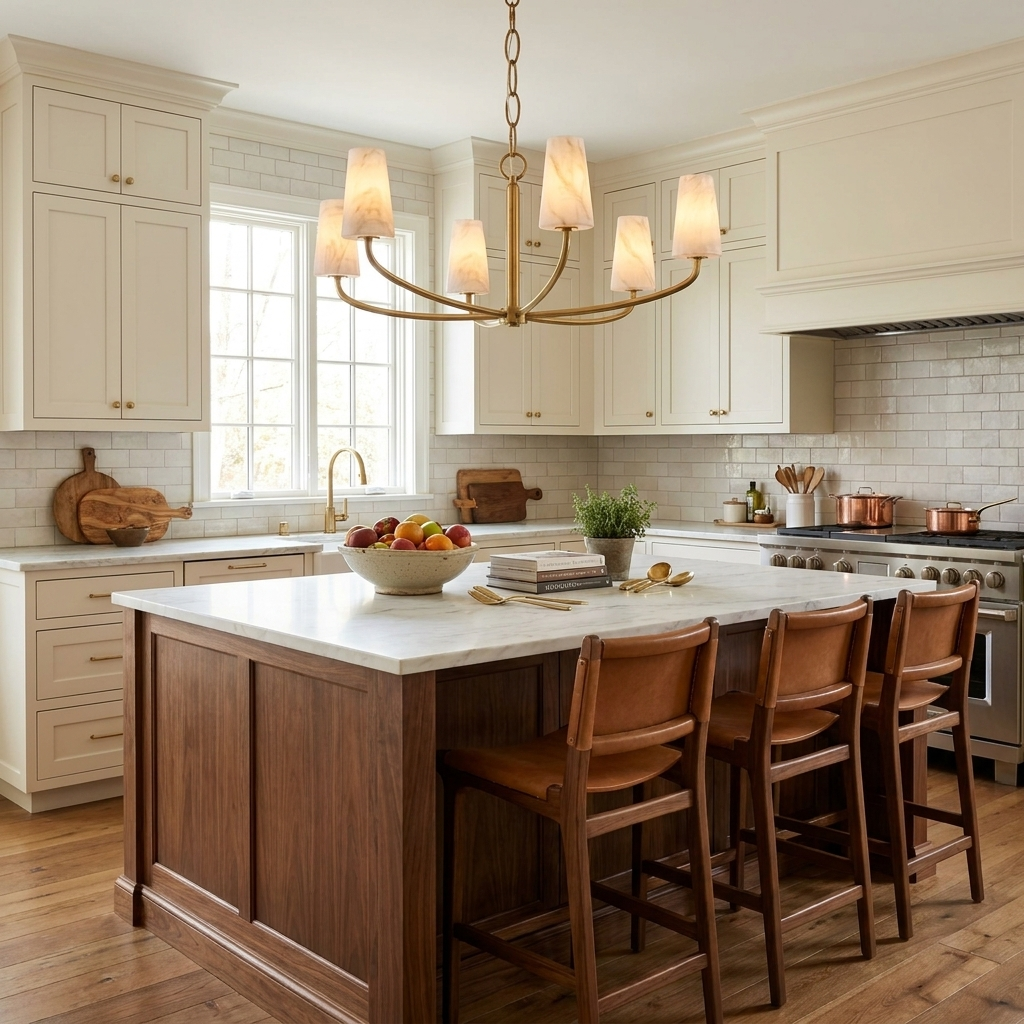 Above a cream kitchen island with wood barstools, this Clérachic chandelier's woven frame glows in brushed brass.