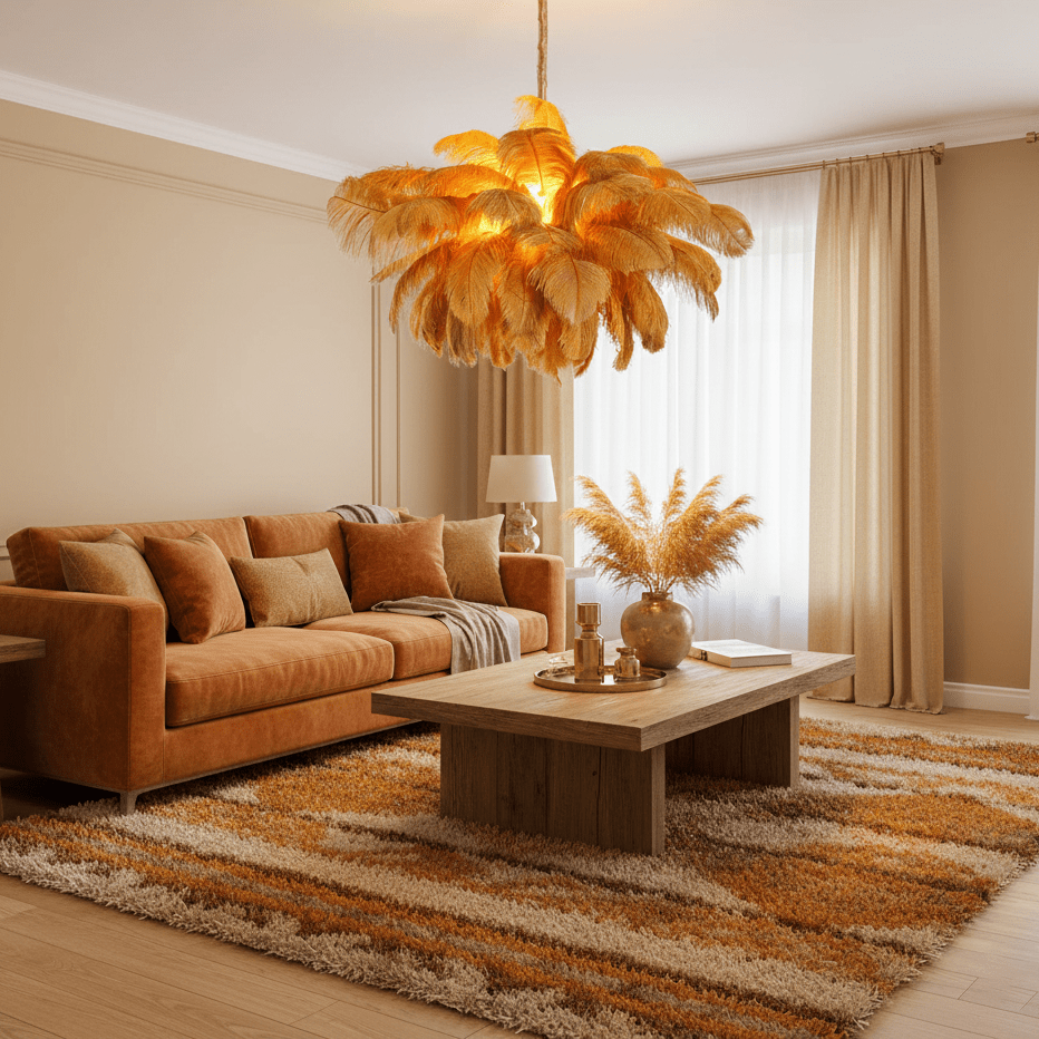 Chandelier, Ostrich Feather Shade, Brass Base, 6x G9, 110 cm