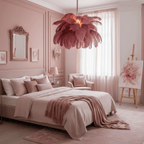 Chandelier, Ostrich Feather Shade, Brass Base, 6x G9, 110 cm