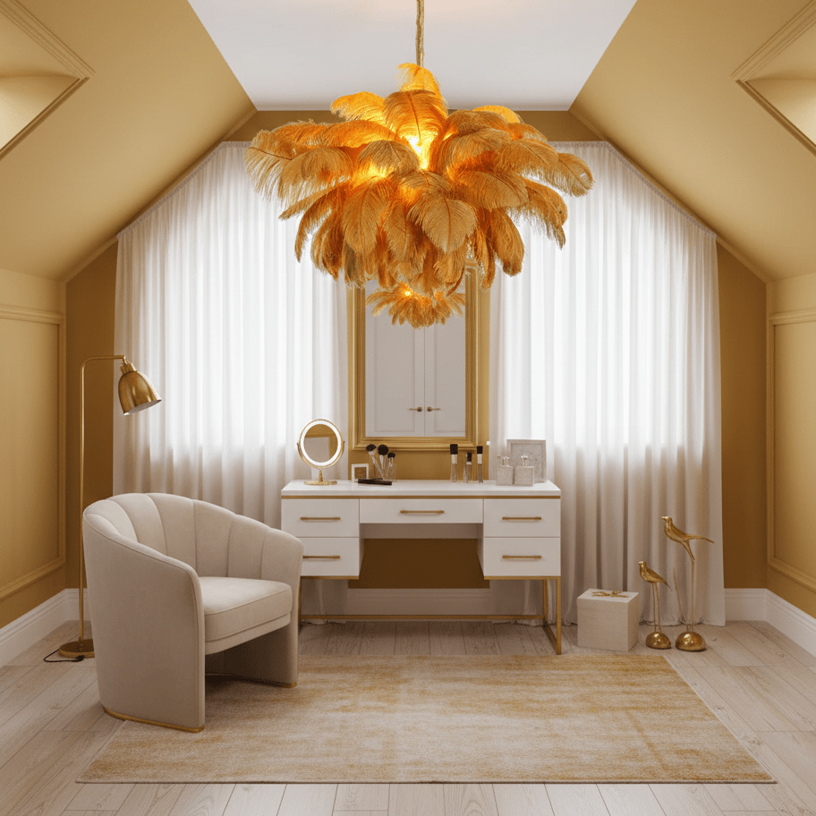 Chandelier, Ostrich Feather Shade, Brass Base, 6x G9, 110 cm