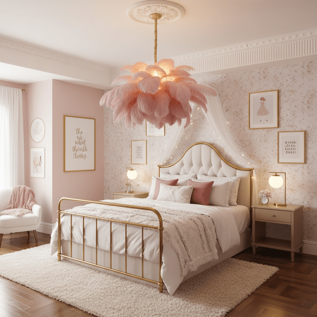 Ostrich feather chandelier with cascading plumes on neutral ground