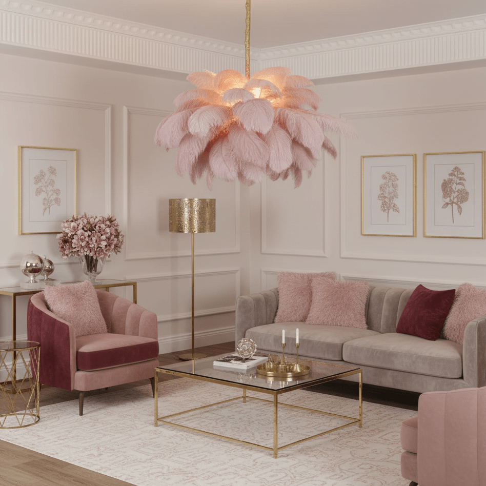 Ostrich feather chandelier with brass base against a soft backdrop