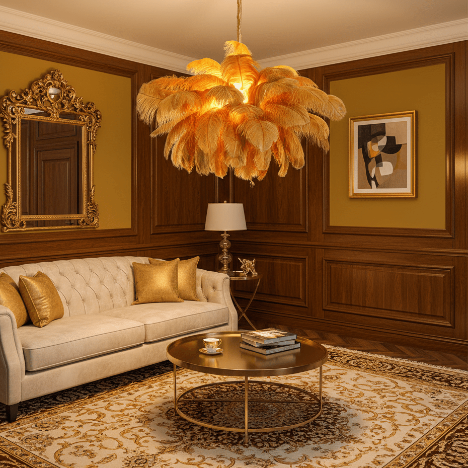 Ostrich feather chandelier close view of layered feather texture