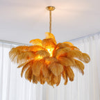 Chandelier, Ostrich Feather Shade, Brass Base, 6x G9, 110 cm