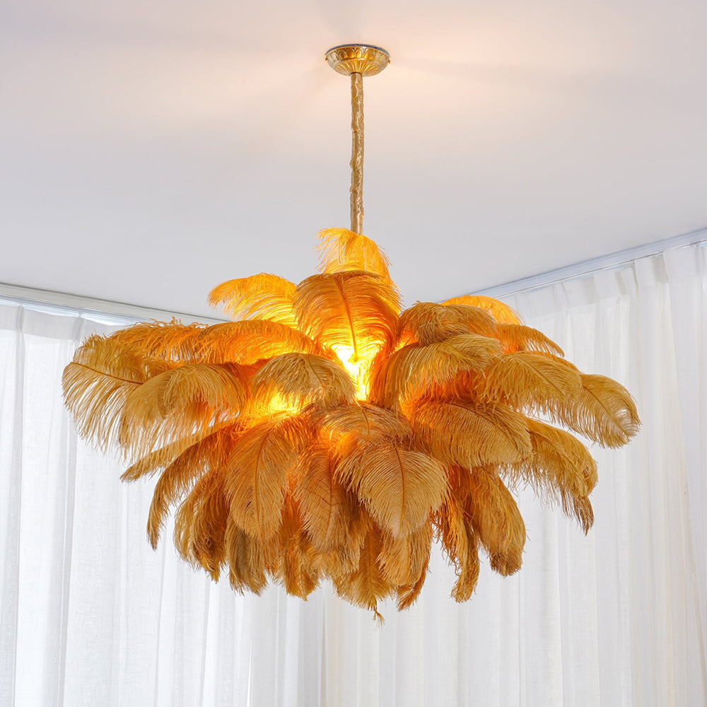 Chandelier, Ostrich Feather Shade, Brass Base, 6x G9, 110 cm