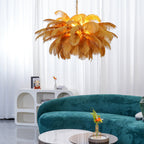 Ostrich feather chandelier detail of feather tips and warm bulbs