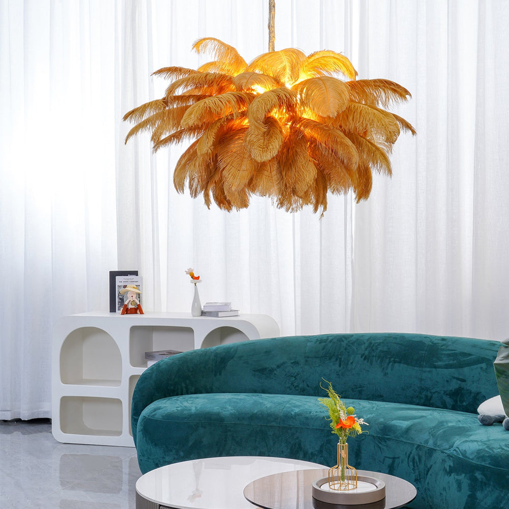 Ostrich feather chandelier detail of feather tips and warm bulbs
