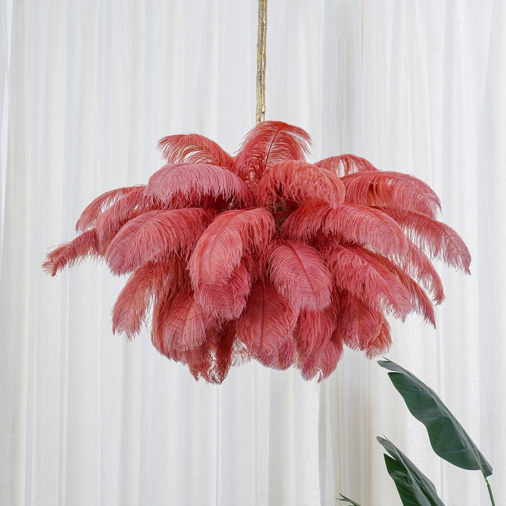 Chandelier, Ostrich Feather Shade, Brass Base, 6x G9, 110 cm