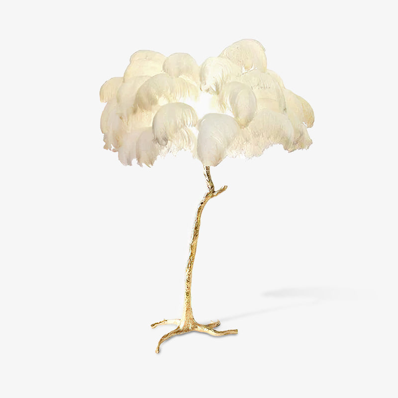 Gulvlampe, skærm af strudsefjer, messingfod, 6x G9, med stik