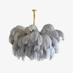 Chandelier, Ostrich Feather Shade, Brass Base, 6x G9, 110 cm