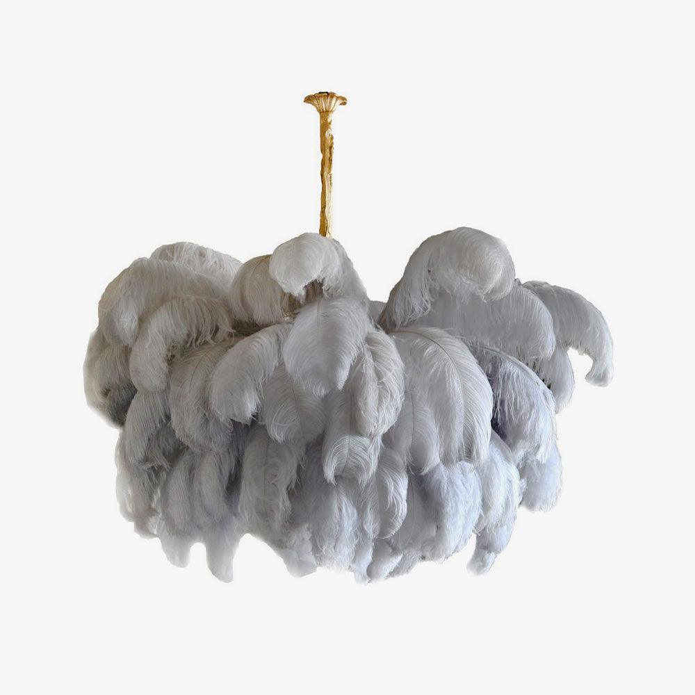 Chandelier, Ostrich Feather Shade, Brass Base, 6x G9, 110 cm