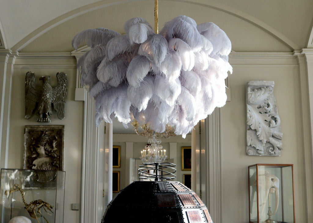 Chandelier, Ostrich Feather Shade, Brass Base, 6x G9, 110 cm
