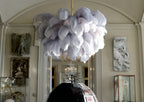 Chandelier, Ostrich Feather Shade, Brass Base, 6x G9, 110 cm