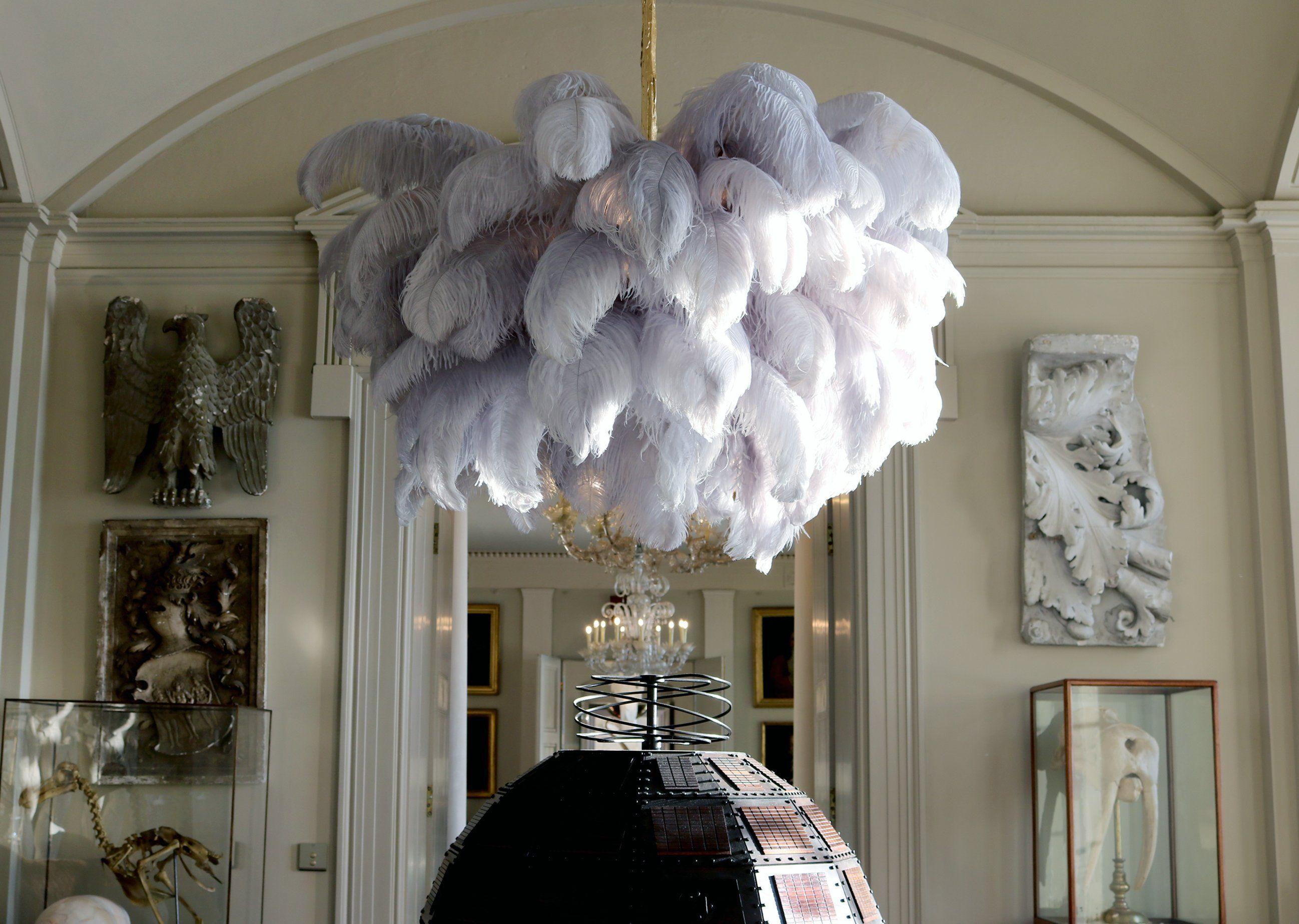 Chandelier, Ostrich Feather Shade, Brass Base, 6x G9, 110 cm