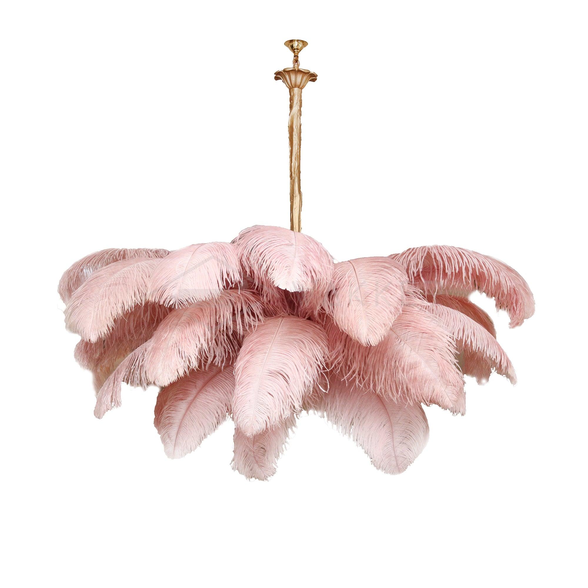 Chandelier, Ostrich Feather Shade, Brass Base, 6x G9, 110 cm