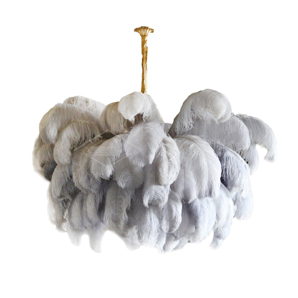 Chandelier, Ostrich Feather Shade, Brass Base, 6x G9, 110 cm