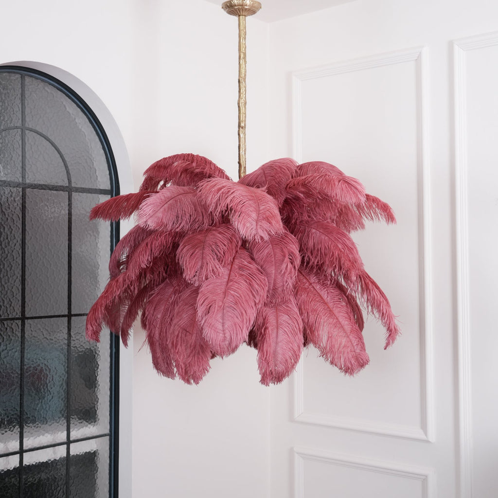 Chandelier, Ostrich Feather Shade, Brass Base, 6x G9, 110 cm