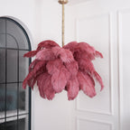 Chandelier, Ostrich Feather Shade, Brass Base, 6x G9, 110 cm
