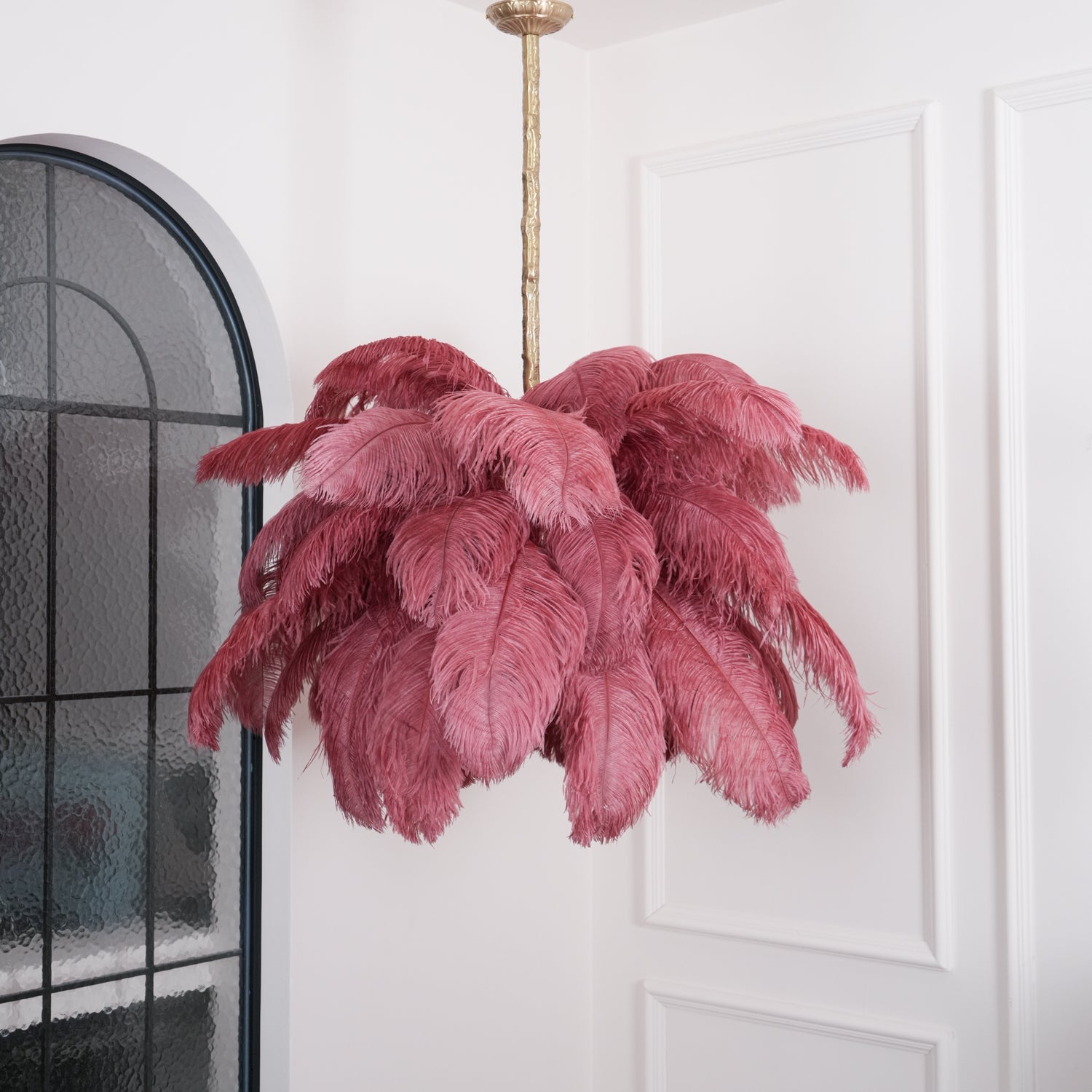 Chandelier, Ostrich Feather Shade, Brass Base, 6x G9, 110 cm