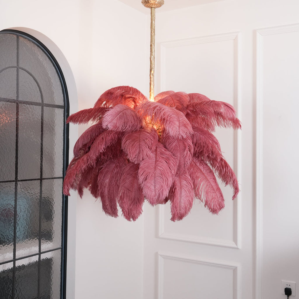 Chandelier, Ostrich Feather Shade, Brass Base, 6x G9, 110 cm