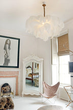 Chandelier, Ostrich Feather Shade, Brass Base, 6x G9, 110 cm