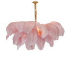 Chandelier, Ostrich Feather Shade, Brass Base, 6x G9, 110 cm