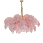 Chandelier, Ostrich Feather Shade, Brass Base, 6x G9, 110 cm