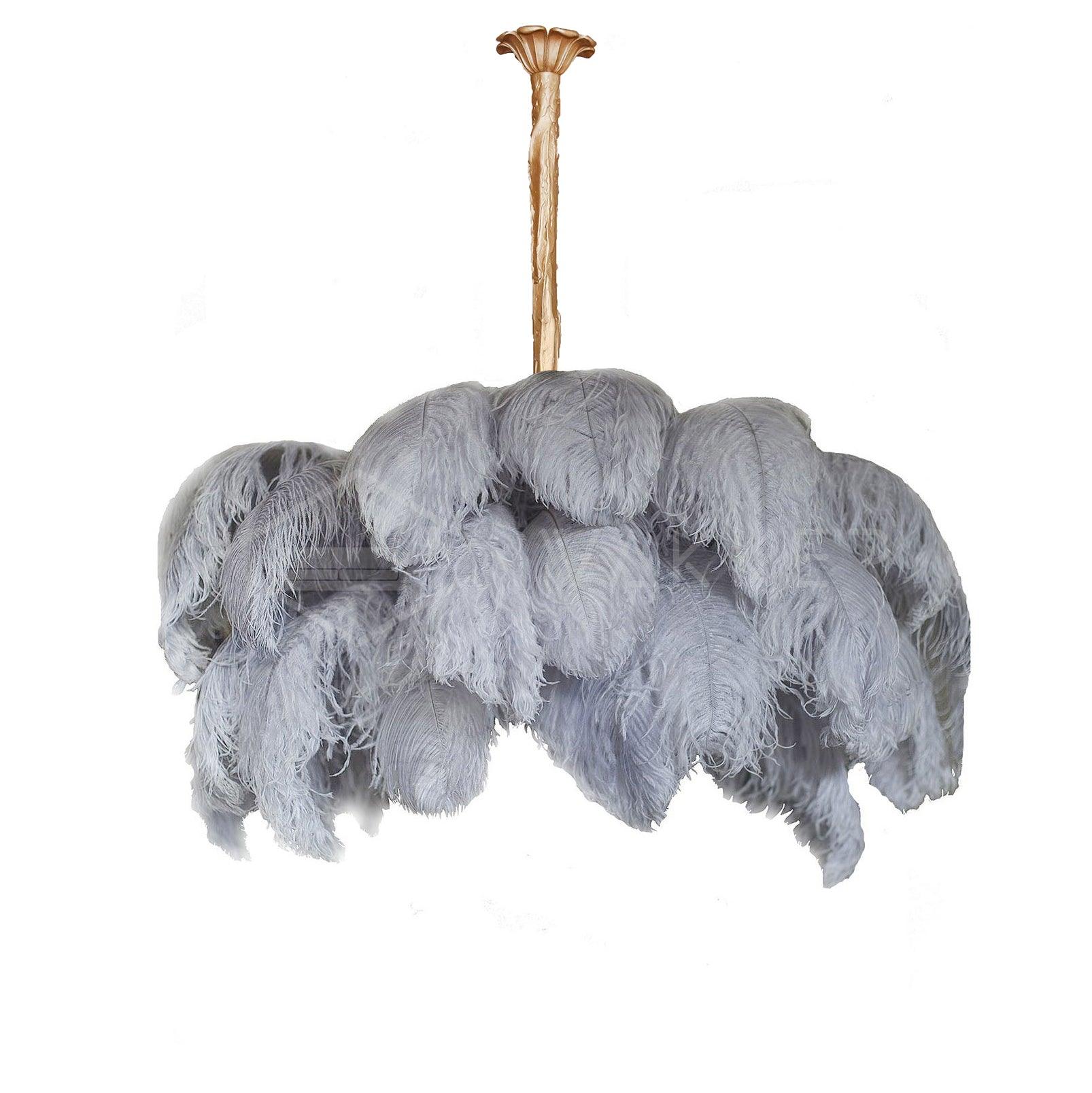 Chandelier, Ostrich Feather Shade, Brass Base, 6x G9, 110 cm