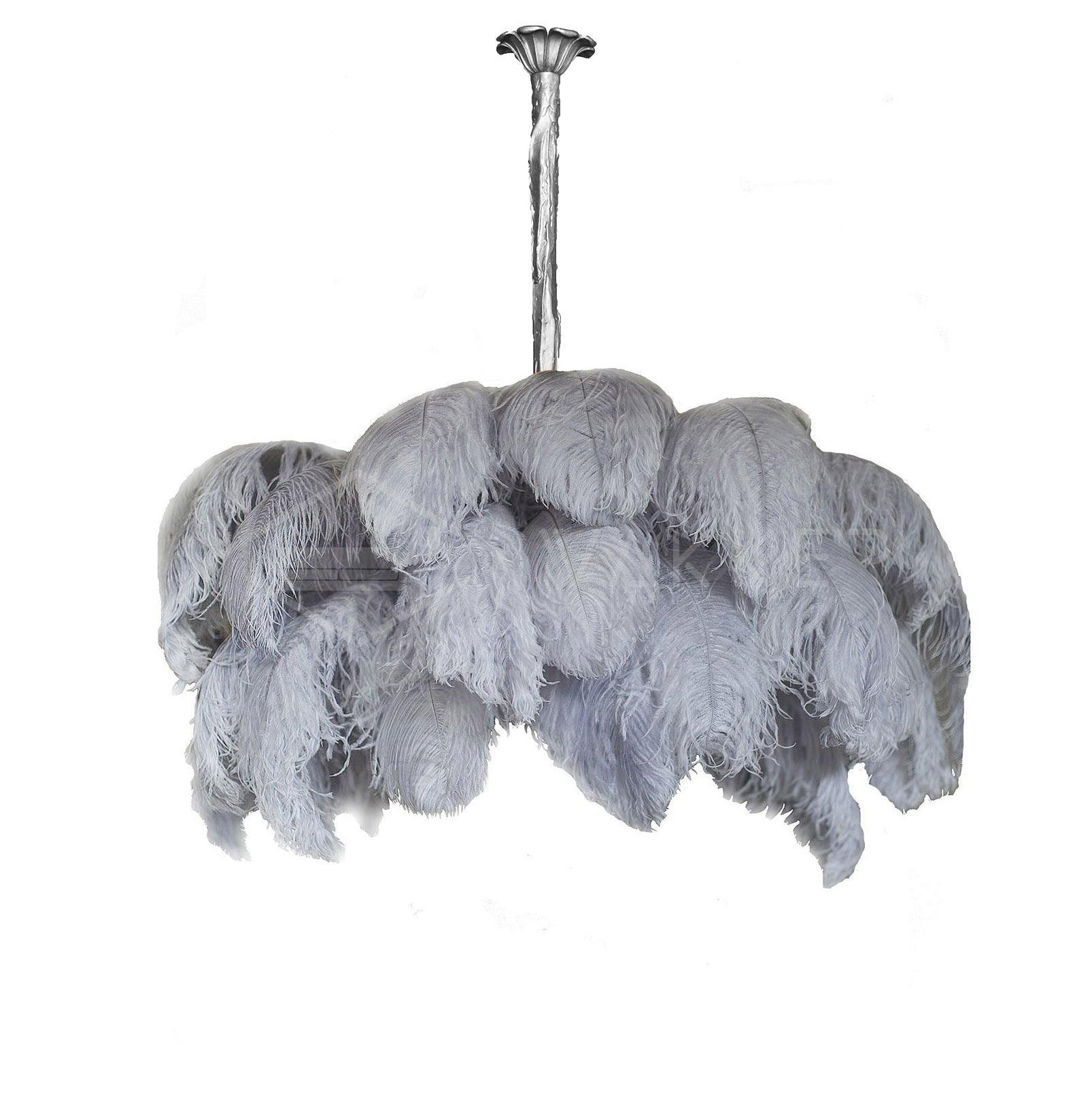 Chandelier, Ostrich Feather Shade, Brass Base, 6x G9, 110 cm