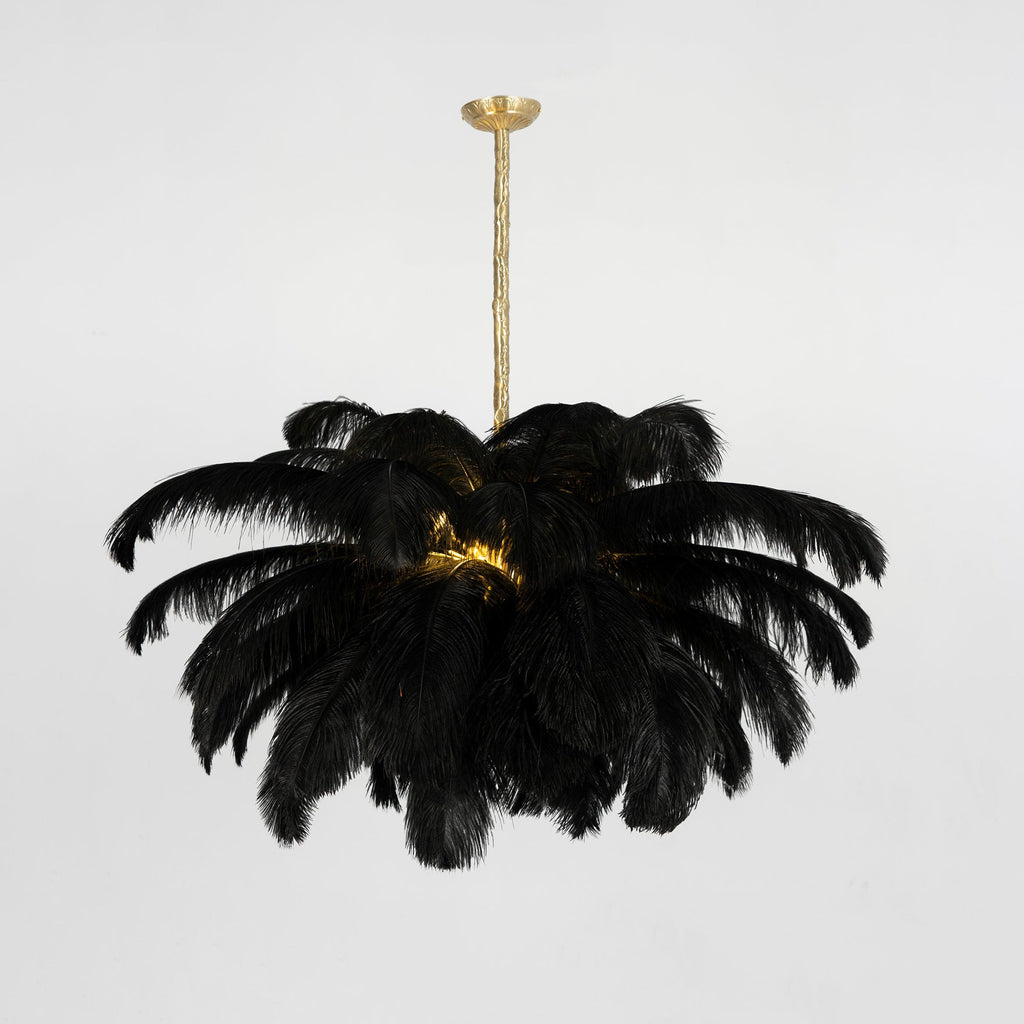 Ostrich feather chandelier full view with brass stem and plumes