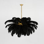 Ostrich feather chandelier full view with brass stem and plumes