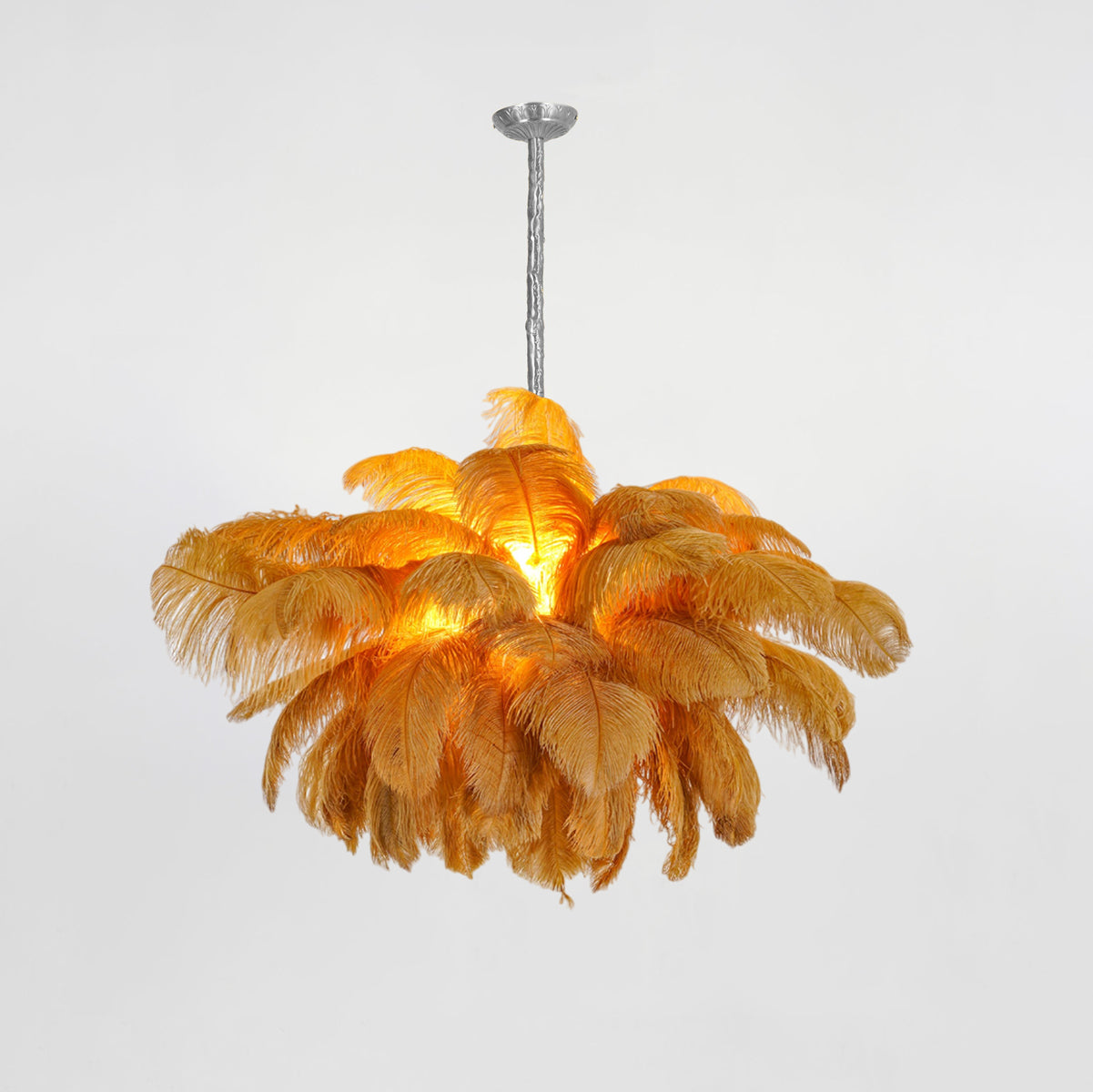 Ostrich feather chandelier full plume cascade in a bright room