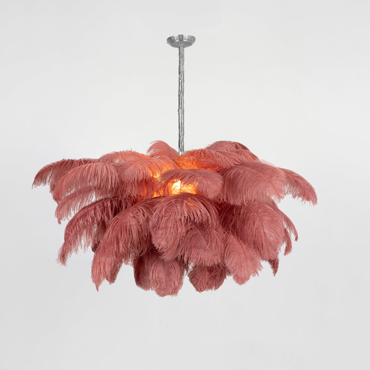 Ostrich feather chandelier with dense plumes and brass stem