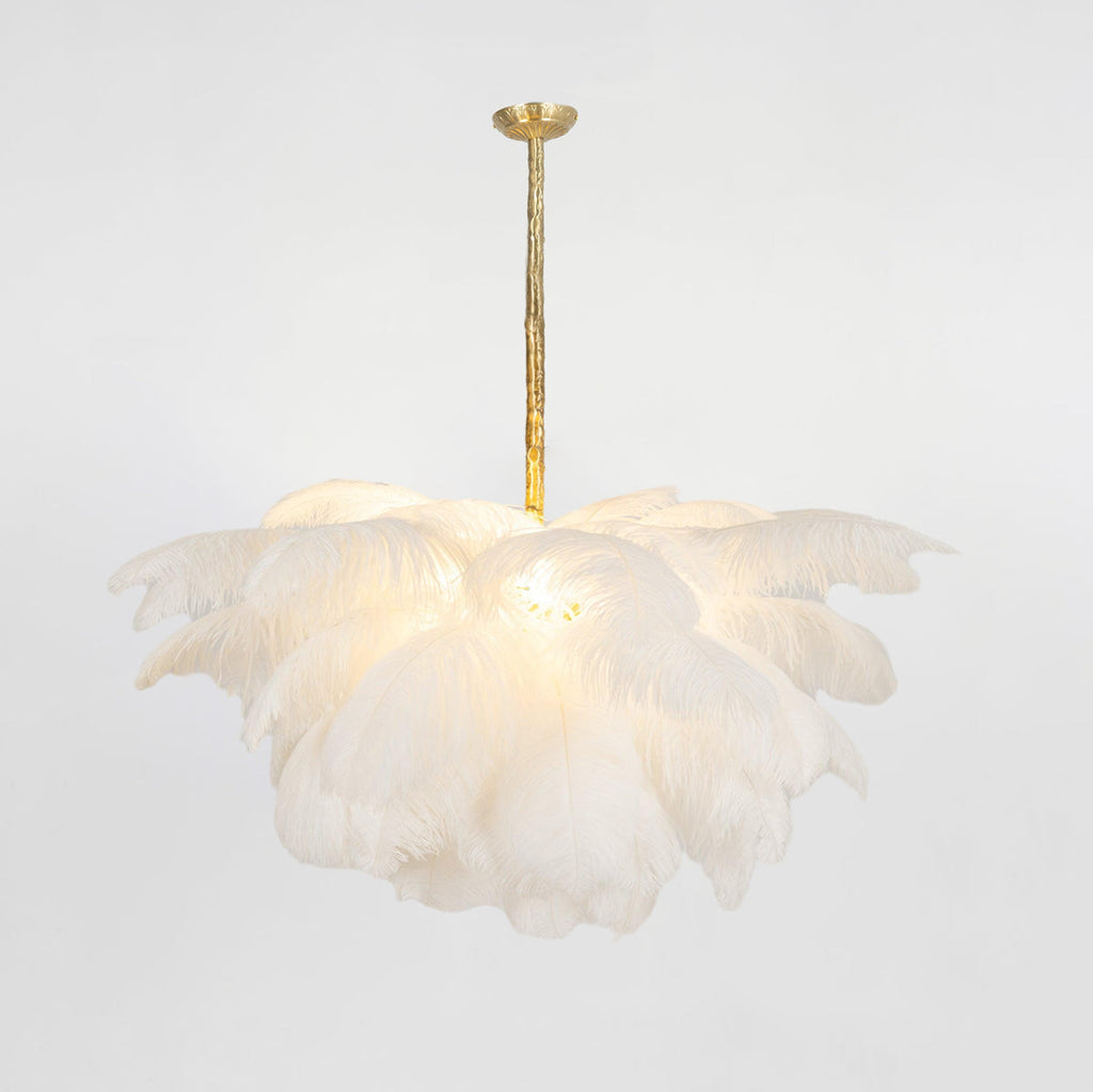 Chandelier, Ostrich Feather Shade, Brass Base, 6x G9, 110 cm