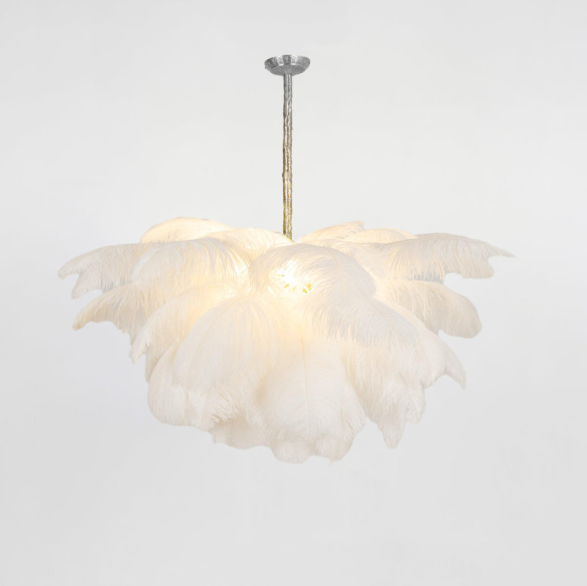 Chandelier, Ostrich Feather Shade, Brass Base, 6x G9, 110 cm
