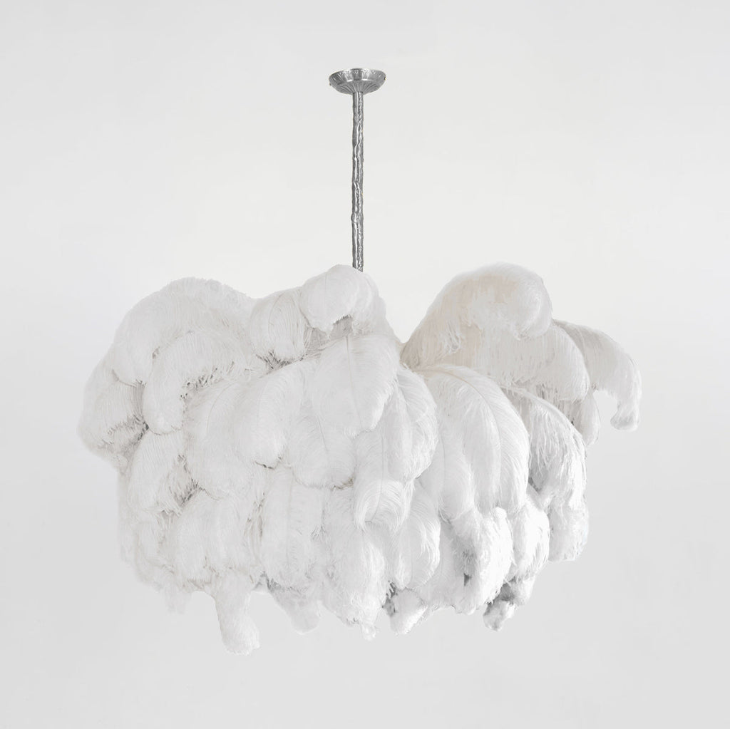 Chandelier, Ostrich Feather Shade, Brass Base, 6x G9, 110 cm