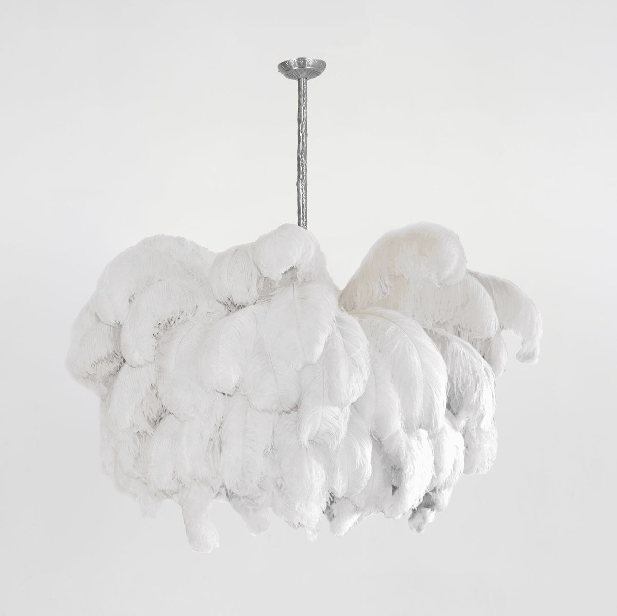 Chandelier, Ostrich Feather Shade, Brass Base, 6x G9, 110 cm
