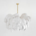 Chandelier, Ostrich Feather Shade, Brass Base, 6x G9, 110 cm