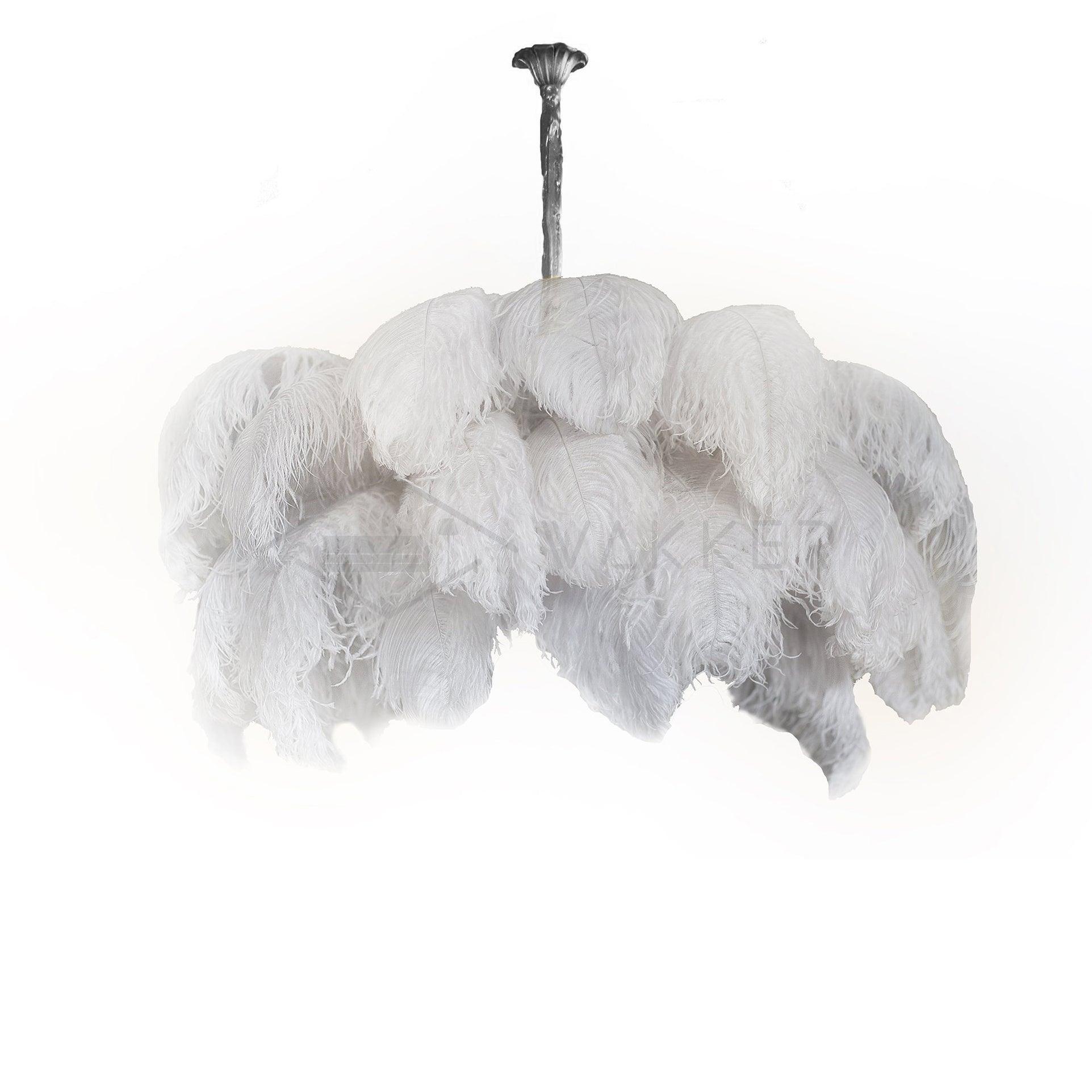 Chandelier, Ostrich Feather Shade, Brass Base, 6x G9, 110 cm