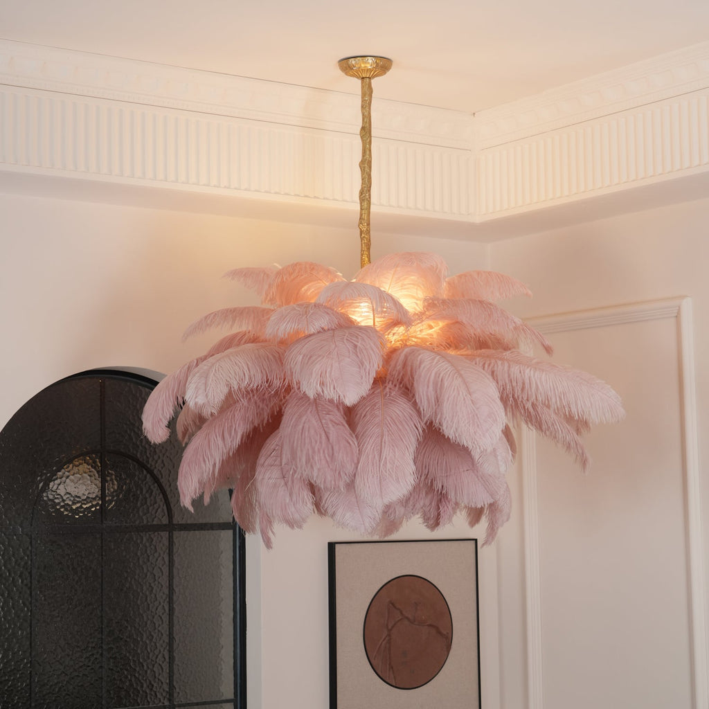 Chandelier, Ostrich Feather Shade, Brass Base, 6x G9, 110 cm