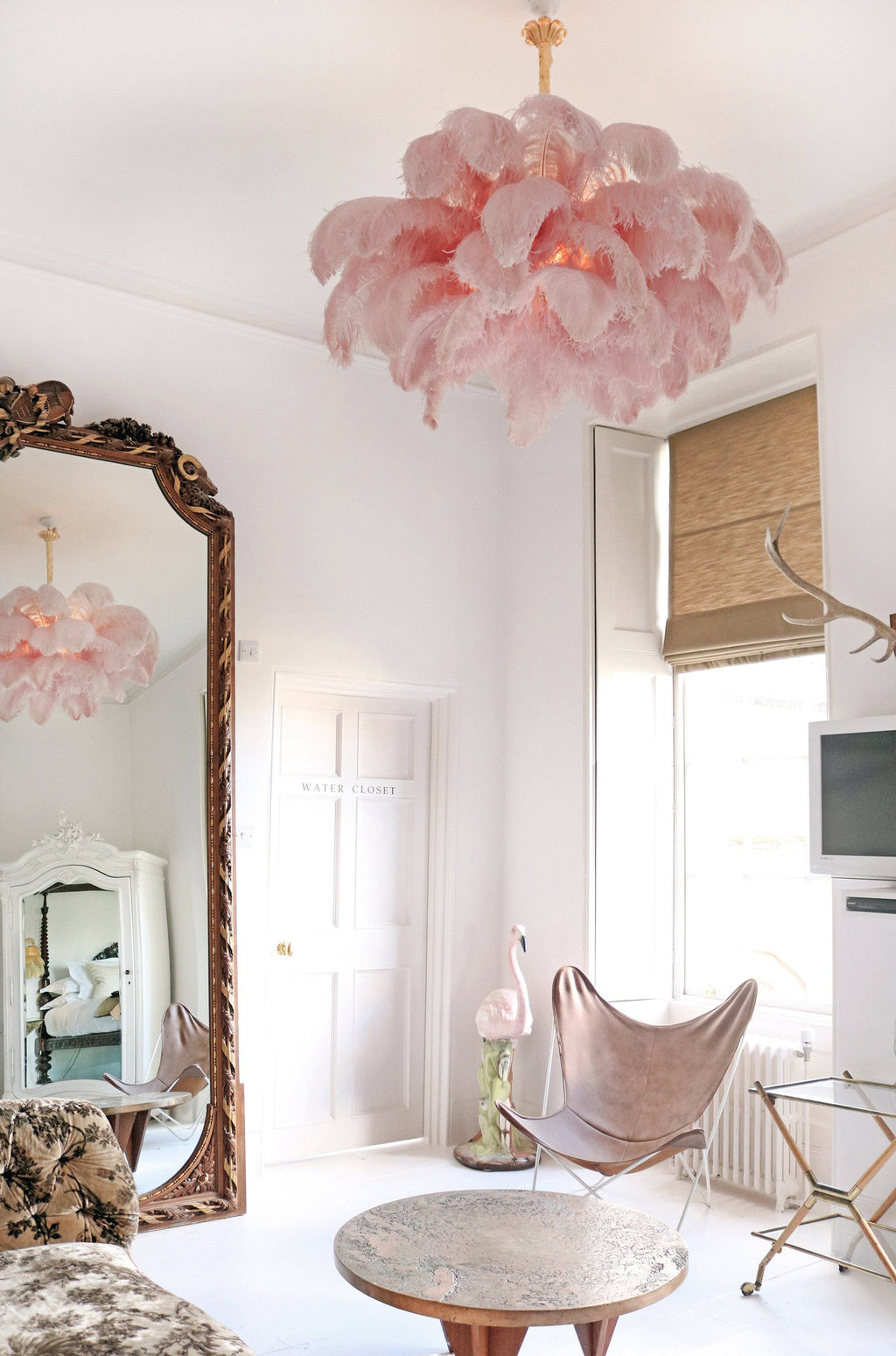 Chandelier, Ostrich Feather Shade, Brass Base, 6x G9, 110 cm