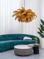 Chandelier, Ostrich Feather Shade, Brass Base, 6x G9, 110 cm
