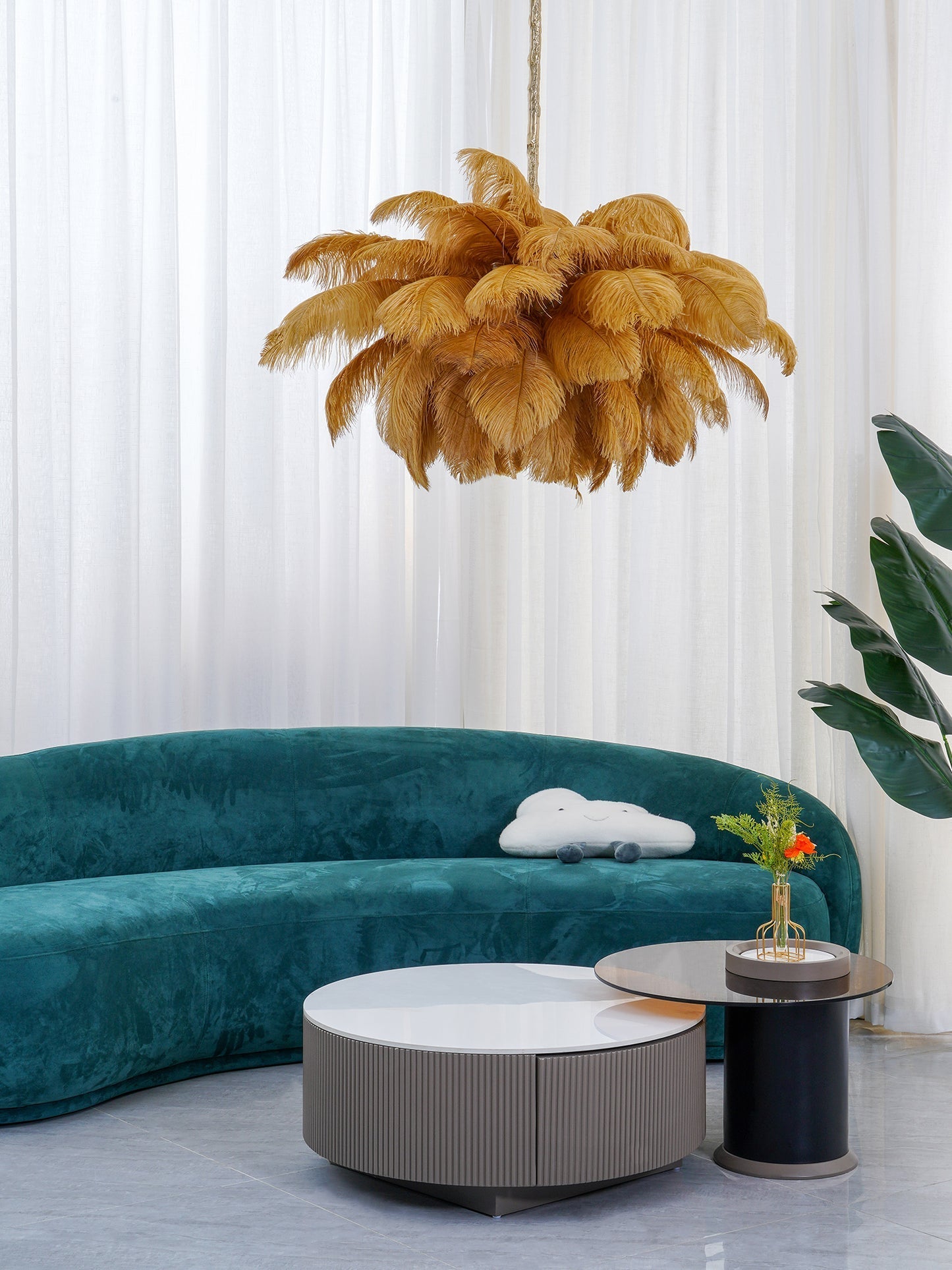 Chandelier, Ostrich Feather Shade, Brass Base, 6x G9, 110 cm