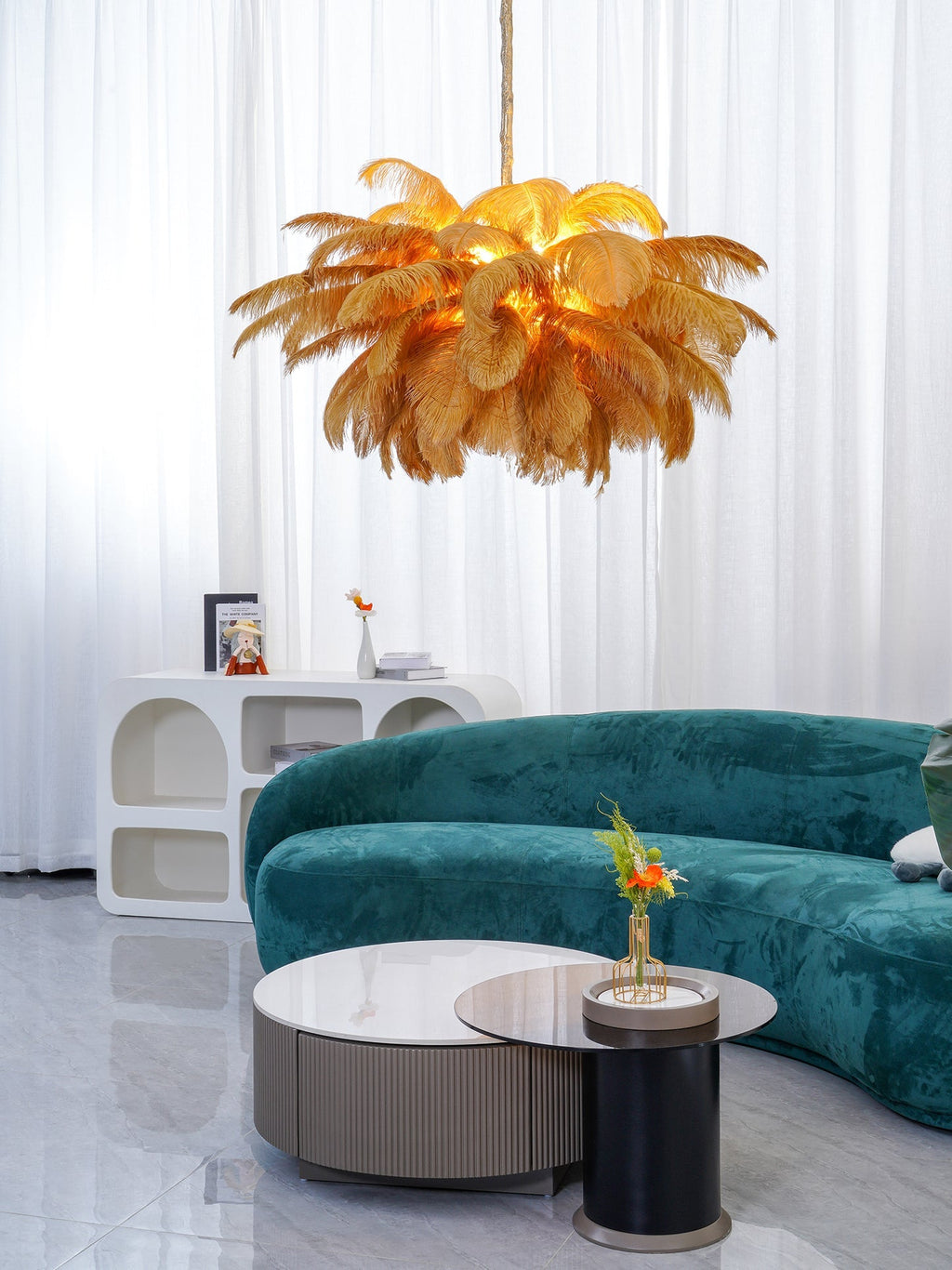 Chandelier, Ostrich Feather Shade, Brass Base, 6x G9, 110 cm