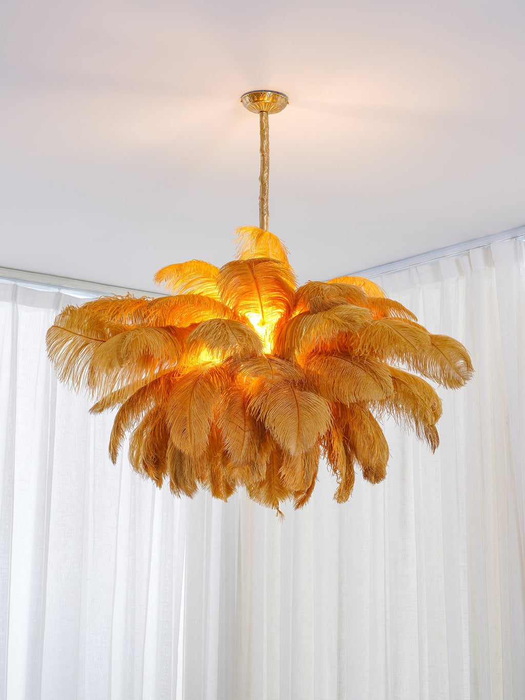 Chandelier, Ostrich Feather Shade, Brass Base, 6x G9, 110 cm