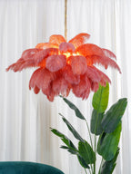 Chandelier, Ostrich Feather Shade, Brass Base, 6x G9, 110 cm