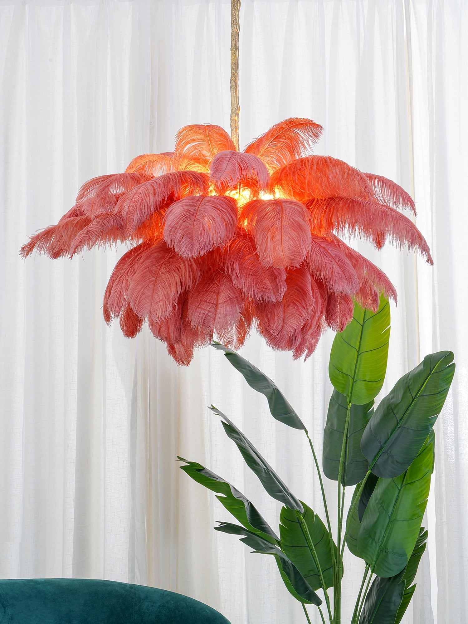 Chandelier, Ostrich Feather Shade, Brass Base, 6x G9, 110 cm